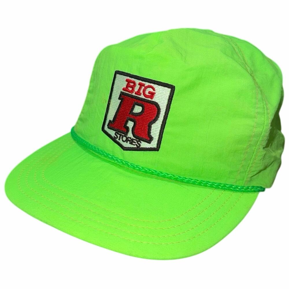 Vintage Big R Stores Neon Lime Green Nylon Rope Hat USA Made Strapback OSFM